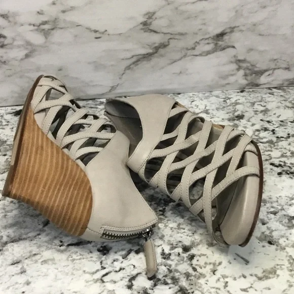 Eileen Fisher Cage Strap Lattice  Leather Gray Wood Wedge Sandal - Picture 11 of 12